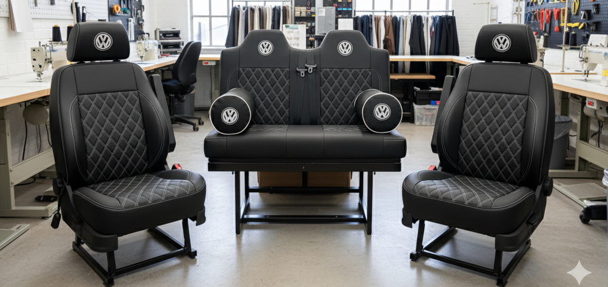 VW campervan rock and roll bed with black leather seats custom upholstery Blue Note Upholstery